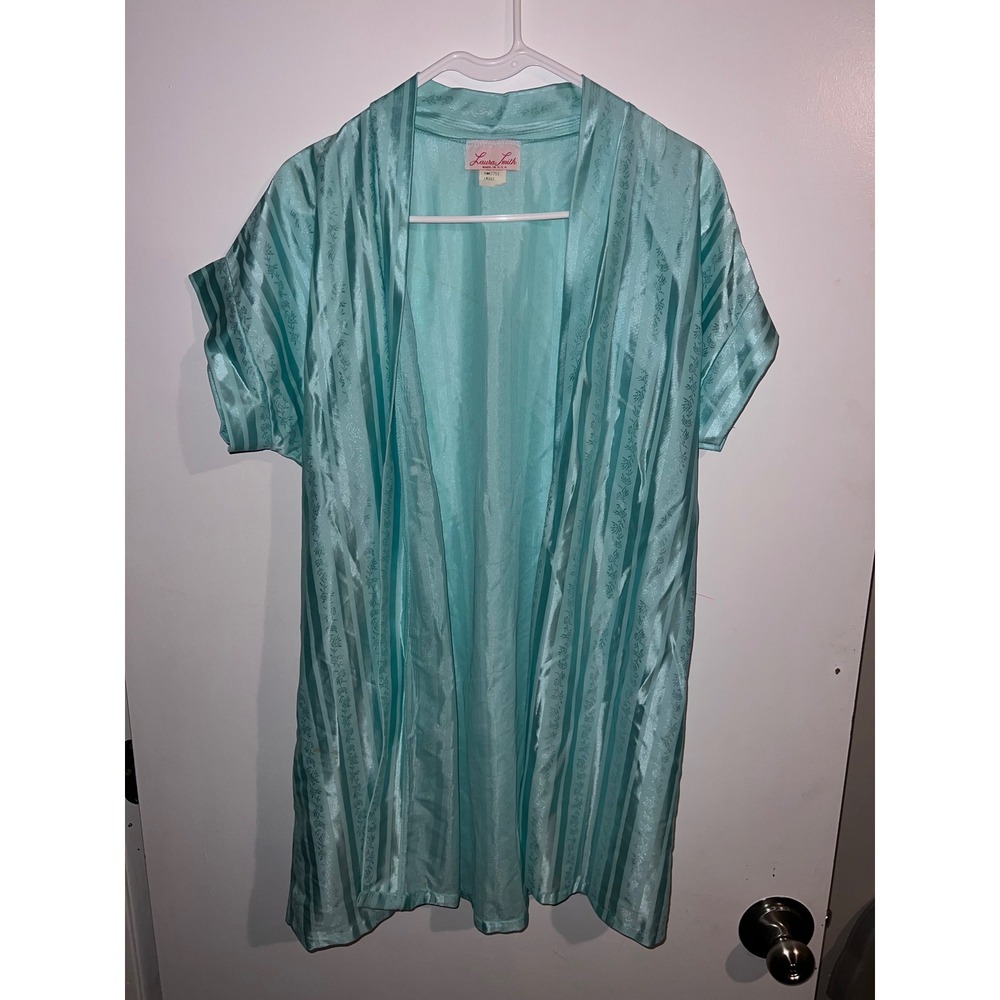 Laura Smith Vintage Light Blue Satin Floral Stripe Short Sleeve Robe Large